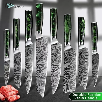 1-8pcs Kuhinjski nož Set iz Nerjavečega Jekla Ultra Sharp Odrezanje Boning Santoku Cleaver Kruh Kuhar Nož z Zeleno Smolo Ročaj