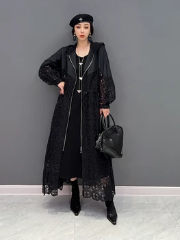 2023 jeseni nove ženske dolg plašč windbreaker z hooded zadrgo čipke elegantna dolga obleka ohlapno velikosti ženski wear