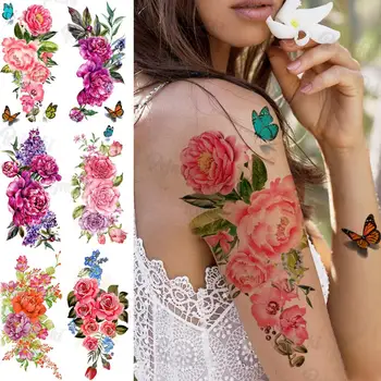Akvarel Rose Cvet Metulj Začasne Tetovaže Za Ženske, Dekleta Realne Sivke Lotus Flora Ponaredek Tattoo Nalepke Roko Tatoos