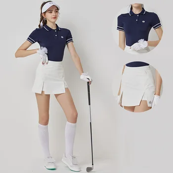 Blktee Ženske Kratek Rokav Golf T-shirt Prugasta Polo Vrhovi Lady Slim Visoka vitka Culottes Split Svinčnik Golf Krilo korejskem Slogu