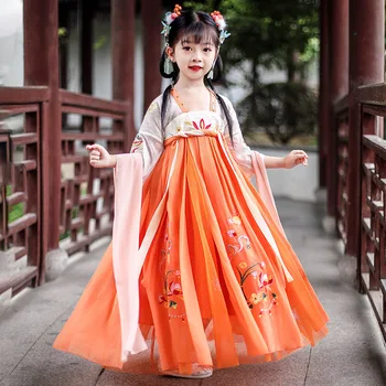 Dekleta Vila Kostum Oranžna Vezenino Hanfu Kitajski Tradicionalni Ljudski Ples Obleka Princess Otroci Stranka, Cosplay Oblačila