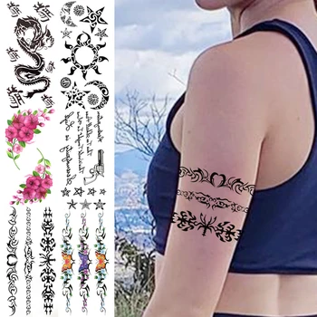 Edinstven Totem Začasne Tetovaže Za Ženske, Moške Realne Henna Sonce, Zvezda, Luna Zmaj Cvet Ponaredek Tattoo Nalepke, 3D Zapestnica Tatoos
