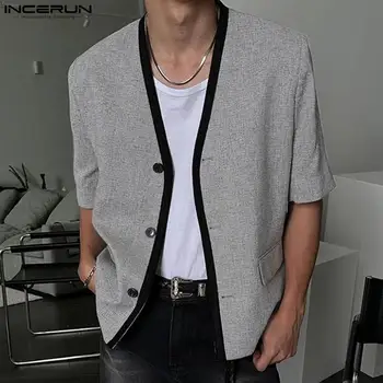 INCERUN Vrhovi 2023 korejskem Slogu Moški Modni Preplete Trdna Udobno Majico Priložnostne Vse-tekmo Kratka Sleeved Jopico Bluzo S-5XL