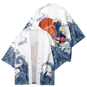 Japonski Kimono Za Moške/Ženske, Harajuku Val Krap Tiskanja Tradicionalnih Kratkimi Rokavi Plaži Majica Poletni Kopalni Plašči Kimono Mujer