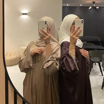Kimono Abaya Muslimanskih Dubaj Turčija Saten Beading Hidžab Obleko Navaden Odprt Abayas za Ženske arabski Stranka tam kaftan Haljo Islamska Oblačila