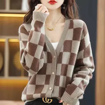 Korejski bombaž pulover, pletene cardigan 2023 pomlad nov pulover bojne barve, dolg rokav v vratu jopica zunaj ženski brezrokavniki