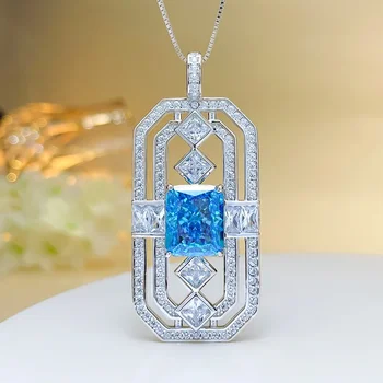 Kvadratni visoko vsebnostjo ogljika diamantna ogrlica velik obesek 925 sterling srebro mornarsko modra polno diamond kvadratnih poročni nakit trgovini