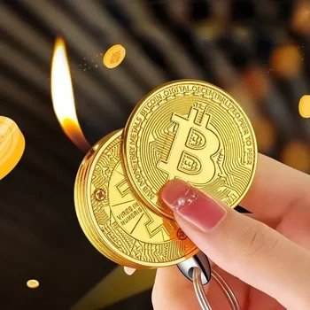 Nove Ustvarjalne Bitcoin Zlatnik Obliko Odprtega Plamena Obesek Lažji Edinstveno Obesek Butan Plin Spot Spominski Virtualna Valuta