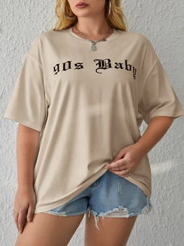 Plus Velikost Graphic Tee Kratek 90. letih Baby Pisma Natisniti Majico rokavi Bombaža Ženske Tshirt Grunge Moda Ulične Vrhu Ženska Oblačila