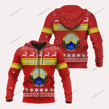 Po Meri Ime Severna Makedonija Emblem Božič Zadrgo Kapuco Unisex Oversize Sweatshirts Pozimi Priložnostne Ulične Vrhovi Puloverju