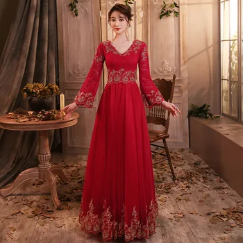 Poročna Obleka Posla Kitajski 2023 Novo Vino Nevesta Dolg Rokav Pogodbenice Gostiteljice Večerno Obleko Za Ženske