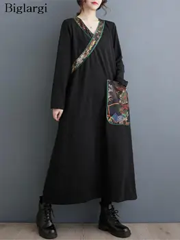 Prevelik Jesen Zima Dolga Obleka Ženske Tiskanja Mozaik Proti-Vrat Moda Svoboden Ženske Obleke Z Dolgimi Rokavi Priložnostne Ženska Obleka 2023
