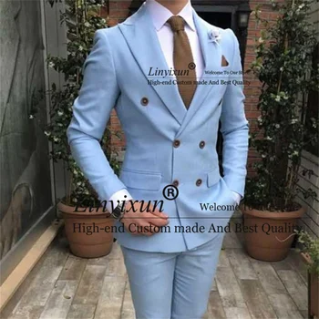Svetlo Modra Poročno Obleko za Moške Dvojno Zapenjanje Ženina Tuxedos 2 Kosa Določa Poslovnih Maturantski Blazerji Hlače Slim Fit Kostum Homme