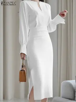 ZANZEA Elegantno Midi Obleka Ženske Dolg Rokav Kleid Haljo Priložnostne V Vratu Hujšanje Obleke 2023 Jeseni Pleating Vitka Režejo Vestidos