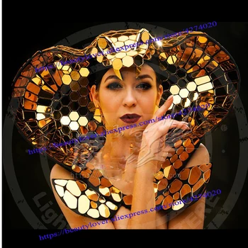 Zlato Ogledalo pokrivala Headress modni brvi Model nočni klub bar tehnologije seksi gogo ženski ovratnik ples DS DJ pevka kostum kažejo