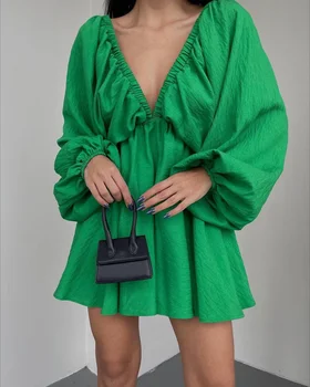 Ženska Obleke 2023 Poletje Moda Puff Sleeve Solid Color Priložnostne Proti-Vrat Dolg Rokav Dnevno Veliko Robom Mini A-Line Oblačenja